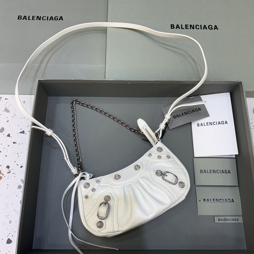 Balenciaga Le Cagole Mini Bag With Chain Crocodile Embossed Rhinestones Shoulder Bag White 